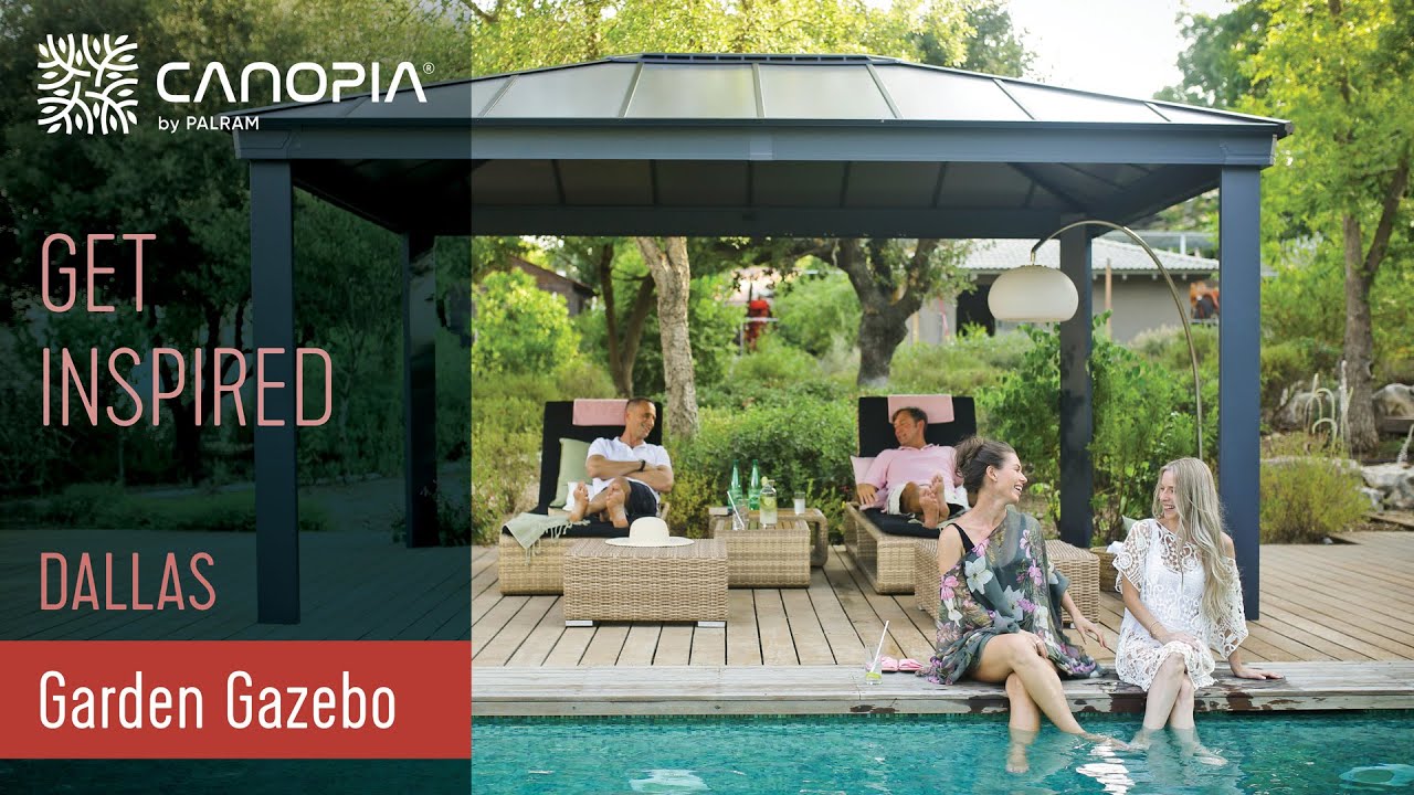 Palram Canopia Dallas 4300 havepavillon antracitgrå – robust aluminiumramme og polycarbonattag, UV-beskyttelse Palram Canopia Dallas 4300 havepavillon i antracitgrå ved poolen med liggestole og personer, pulverlakeret rustresistent aluminiumramme og næsten ubrydeligt polycarbonattag med UV-beskyttelse