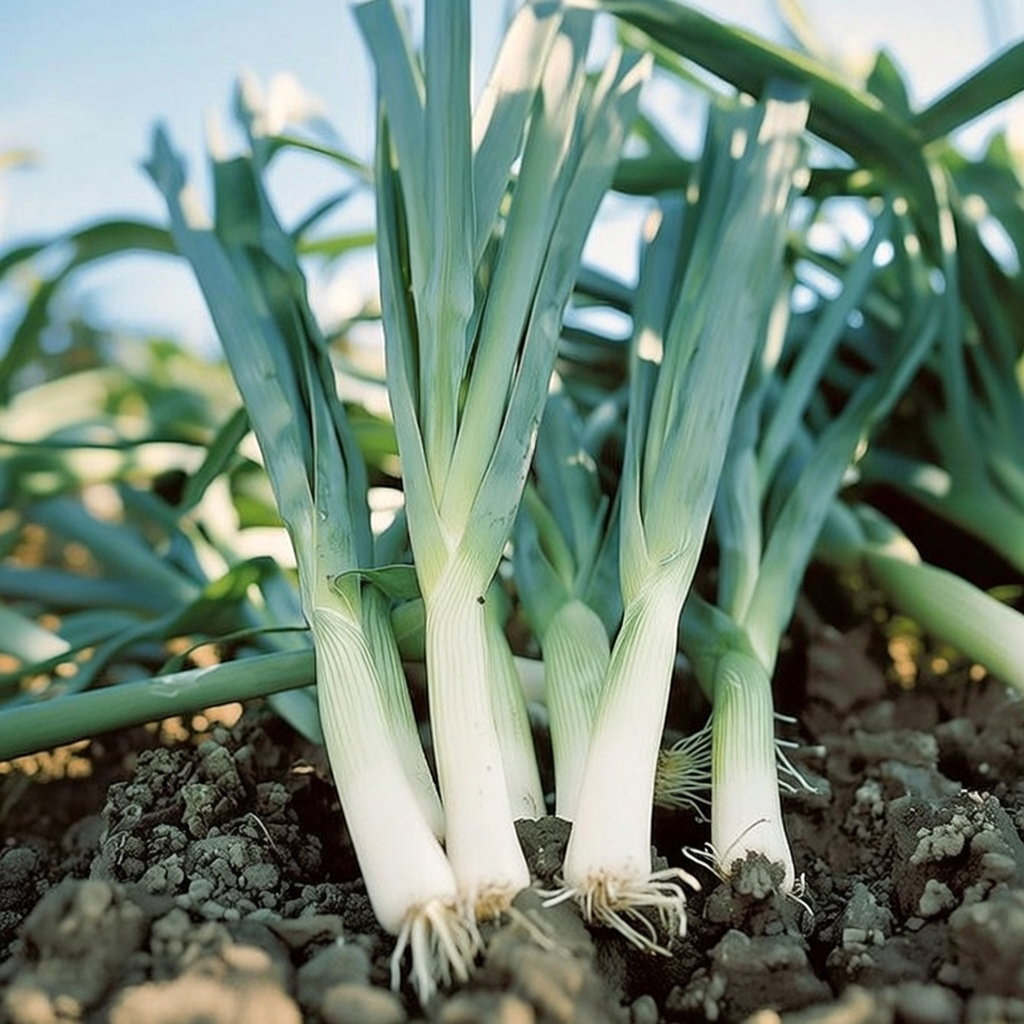 Vinterporre 'Blauwgroene Winter' med lange slanke blågrønne stængler og hvide skafter i jord, mild smag til salater, supper og gryderetter – frø til forspiring fra Horti Tops