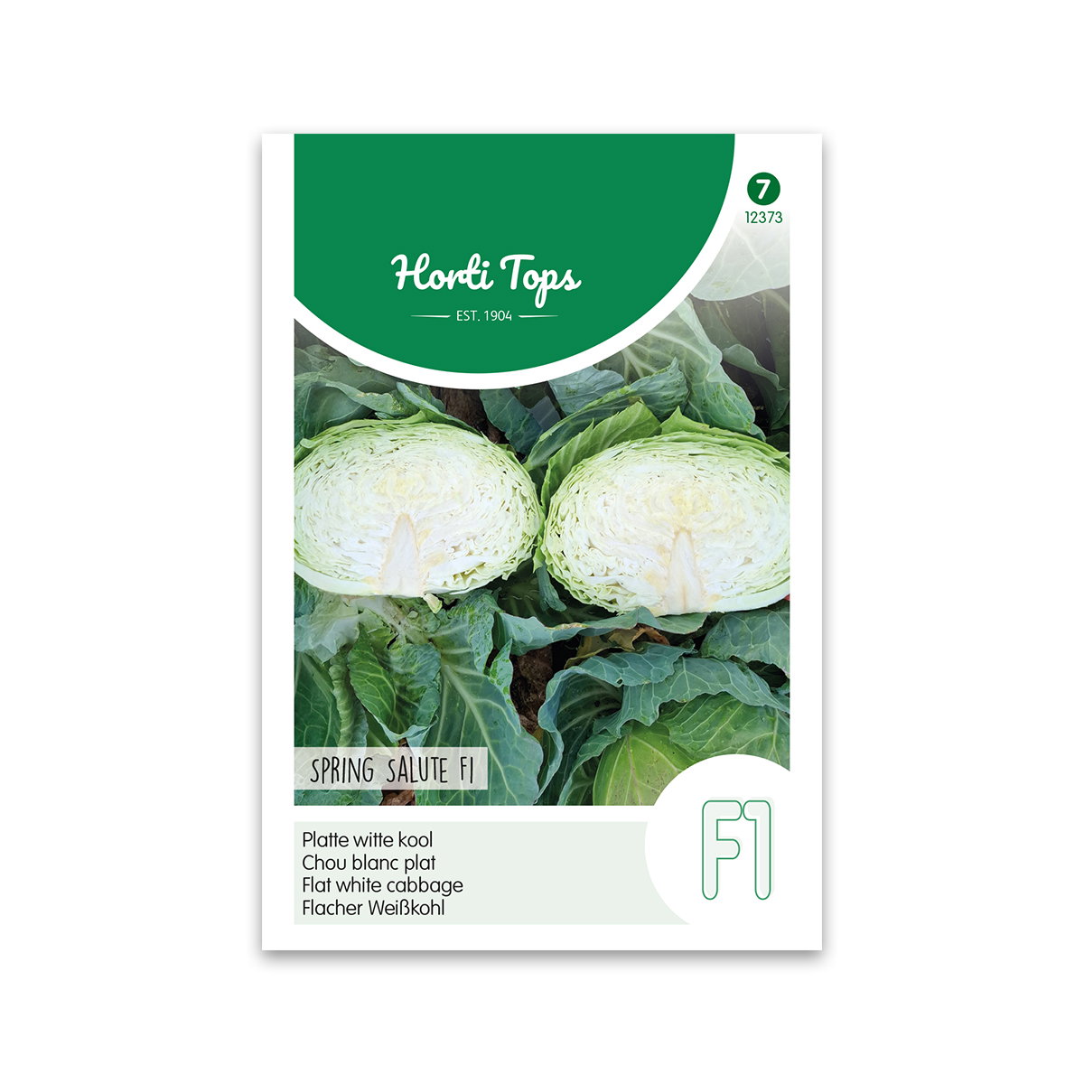Hvidkålsfrø Spring Salute F1 fra Horti Tops – ekstra tidlig hvidkål med faste, ensartede og søde hoveder, egnet til køkkenhave og drivhus Frøpakke for Horti Tops Spring Salute F1 hvidkål vist med flade, lysegrønne hoveder skåret over. Ekstra tidlig F1-sort, robust, stabilt udbytte, mild og let sød smag – til salater, lynstegning og klassiske kålretter.