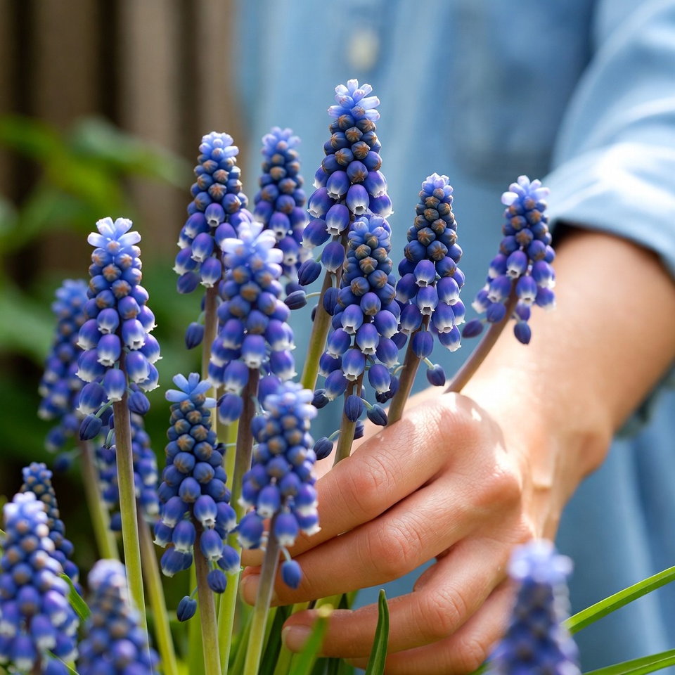 Nærbillede af dyb koboltblå perlehyacinter (Armeniacum) i hånd; tætte klokkeformede blomster, velegnet til grupper, krukker eller bede. Sperli perlehyacintløg, 15 løg, plant i september på solrigt eller delvist skyggefuldt sted i veldrænet jord.
