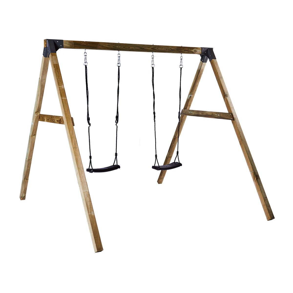 Gyngestativ med 2 sorte gyngesæder NORDIC PLAY Active – robust PEFC-træ A-ramme NORDIC PLAY Active gyngestativ med to sorte gyngesæder, holdbar PEFC-certificeret træramme i A-design og galvaniserede metalbeslag