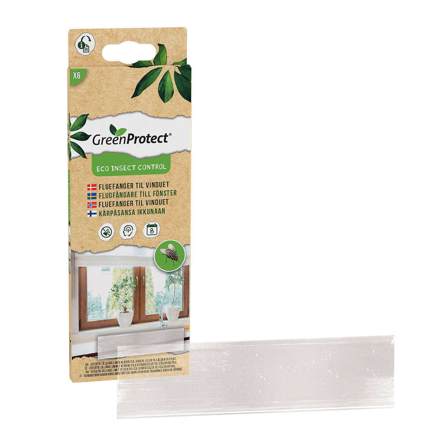 GreenProtect Fluefanger til vinduet - 6 stk | Giftfri gennemsigtig limfælde til vinduer GreenProtect fluefanger til vinduet, 6 stk emballage og gennemsigtig selvklæbende limstrimmel vist ved vindue - diskret, lugtfri og giftfri løsning til at fange fluer indendørs