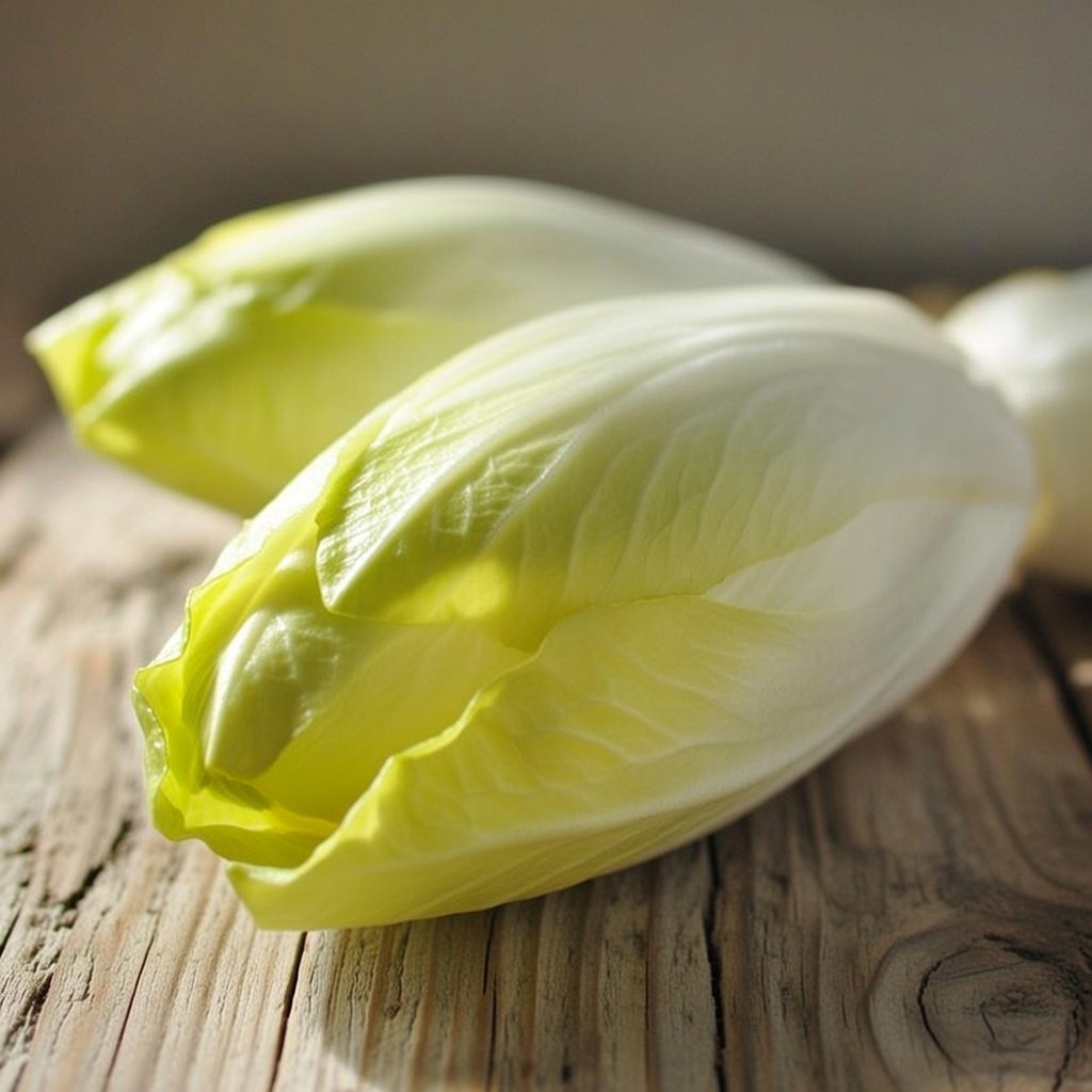 Nærbillede af frisk julesalat (witlof) på træbord; produktfoto til økologiske frø 'Hollandse Middelvroeg' fra Buzzy Organic, velegnet til dyrkning og vinterforspiring