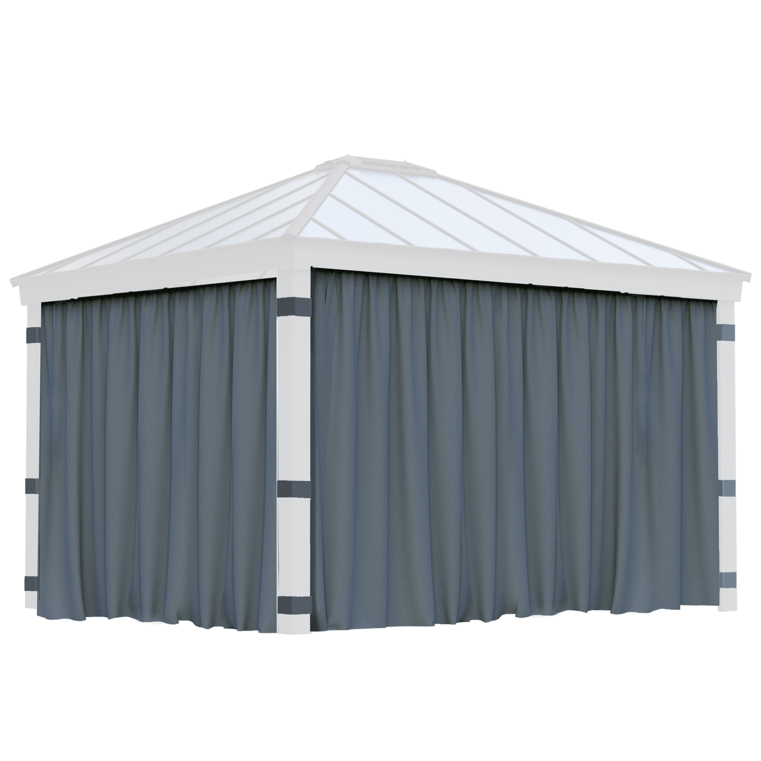 Rektangulær pavillon med hvide stolper og mørke gardiner