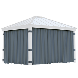 Pavillon med hvide stolper og mørke gardiner Rektangulær pavillon med hvide stolper og mørke gardiner