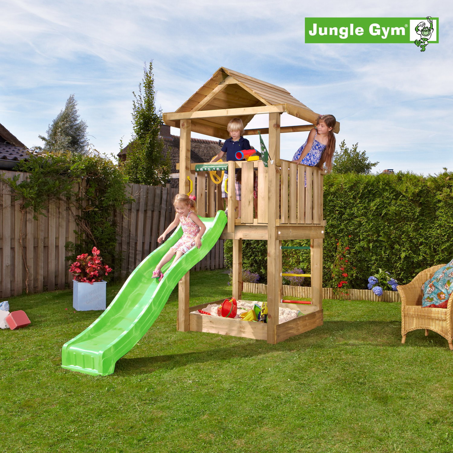 Jungle Gym legetårn med grøn rutsjebane Træ legetårn med rutsjebane og sandkasse i have