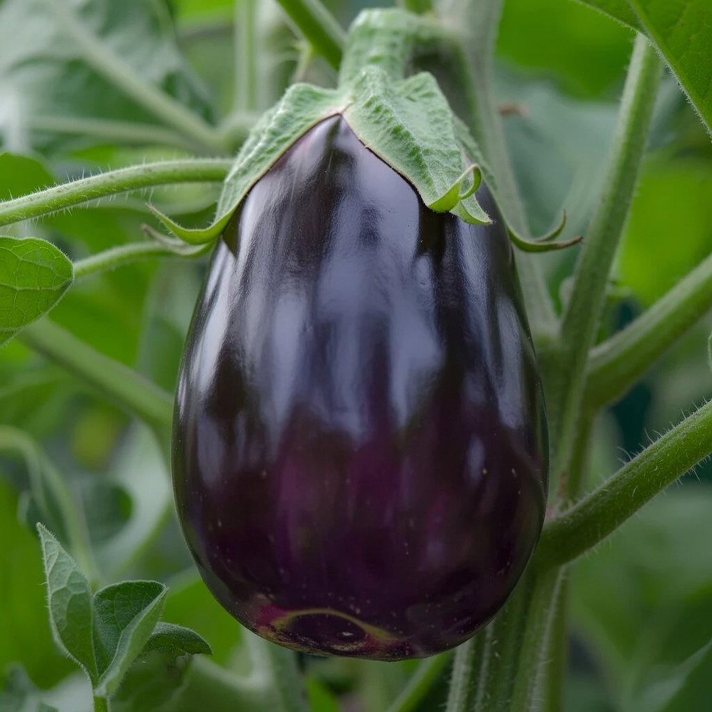 Moden mørkelilla aubergine af sorten 'Black Beauty' hængende på planten med blank overflade; økologiske frø fra Buzzy Organic, velegnet til dyrkning i drivhus