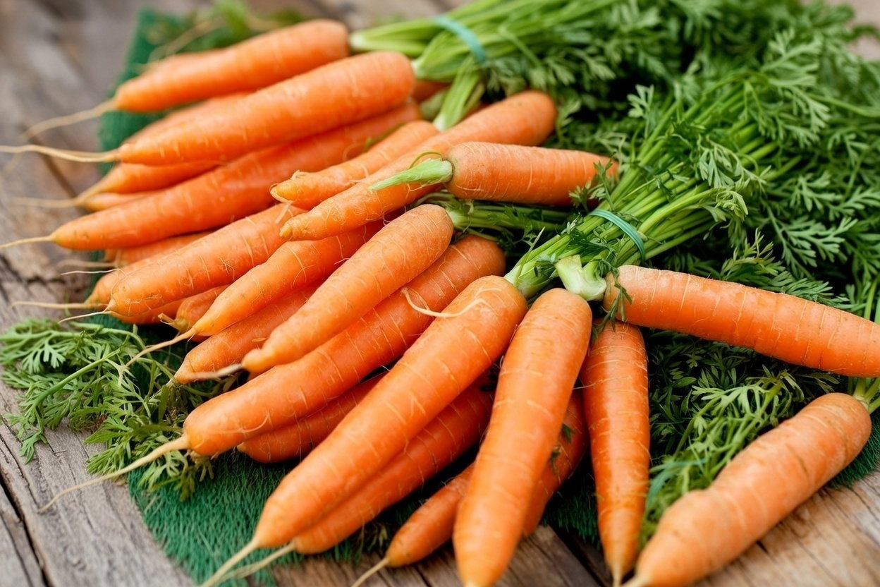 Bunke friske økologiske vintergulerødder 'Berlicum 2' med grønne toppe, ideelle til vinterhøst og opbevaring – Buzzy Organic