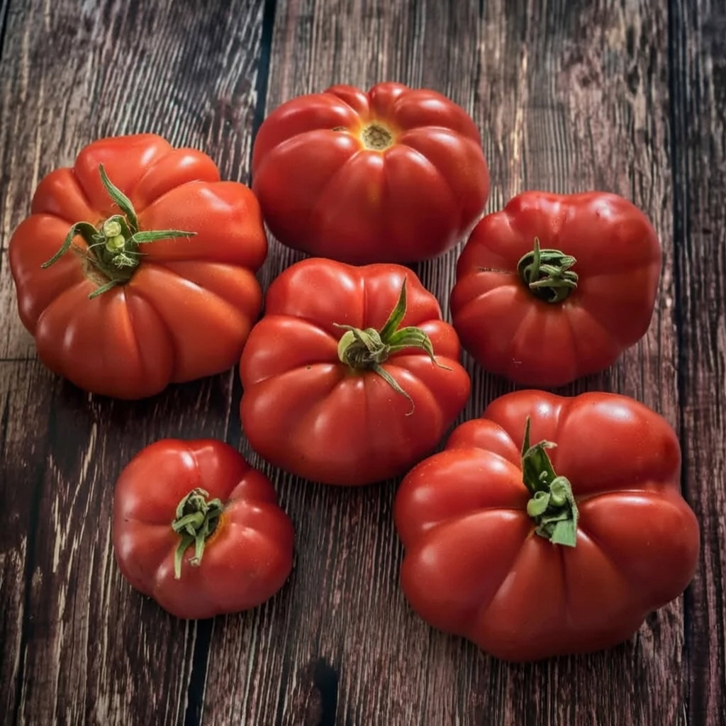 Økologiske Marmande VR bøftomater fra Buzzy Organic: store, ribbede, saftige røde tomater, velegnede til grill, saucer og henkogning; semideterminant sort, bedst i drivhus men kan dyrkes på friland