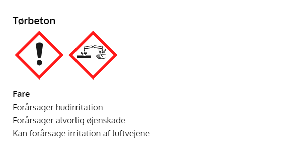 Tørbeton med faresymboler for hud- og øjenskade