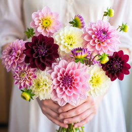 Dahlia løg, Dekorativt mix - 5 løg | Florex Bukket med farverige dahlia blomster i pink, creme og bordeaux, dekorativt mix fra Florex. Produkt: 5 dahlia løg, ideel til solrige, veldrænede bede for et flot farvespil i haven.