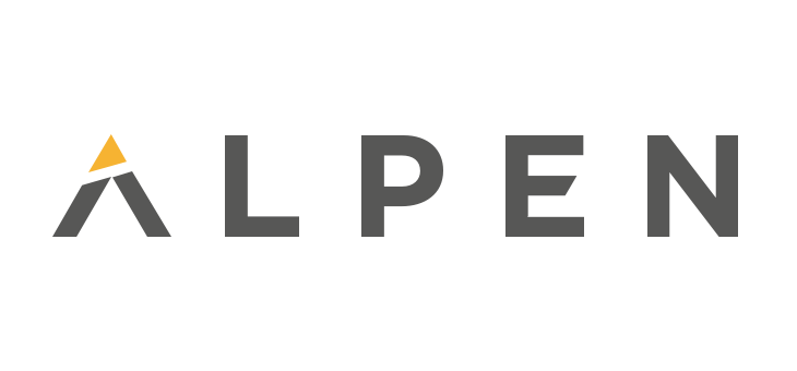 ALPEN logo i grå blokbogstaver med et lille gult trekantet element over bogstavet A