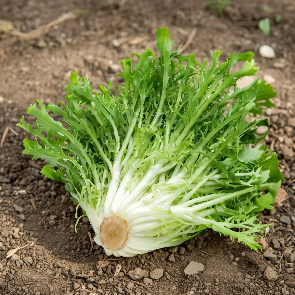 Økologisk Frisée salat frø 'Grosse Pancali' – frisk frisée, 1 g | Buzzy Organic Frisk frisée salat hoved af sorten Grosse Pancali lagt på jord. Økologiske frø 1 g, etårig, sprød og let bitter, velegnet til efterårshøst (september-november) – Buzzy Organic