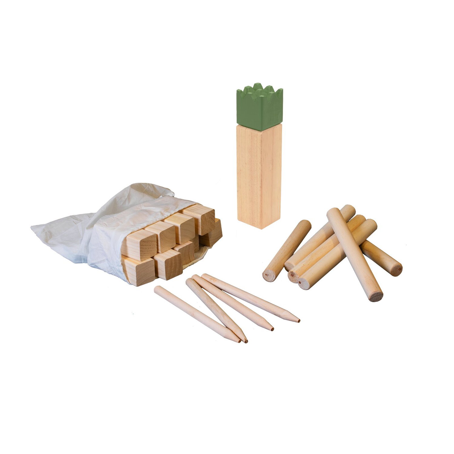 Kubb havespil i træ, komplet sæt Komplet Kubb spil i træ med konge og pinde