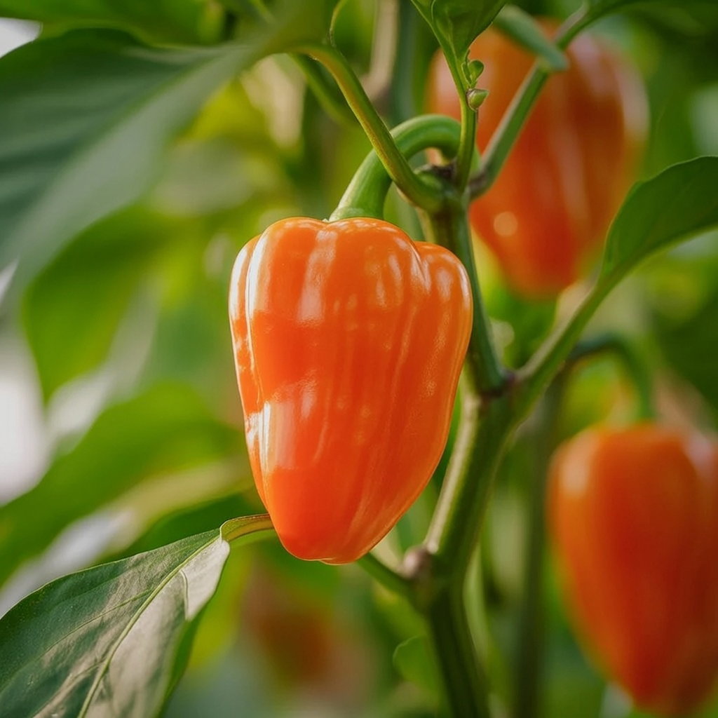 Nærbillede af moden orange Flynn snack peberfrugt hængende på planten. Økologiske etårige frø fra Buzzy Organic, velegnet til indendørs forspiring og dyrkning i drivhus, høst juli–oktober.