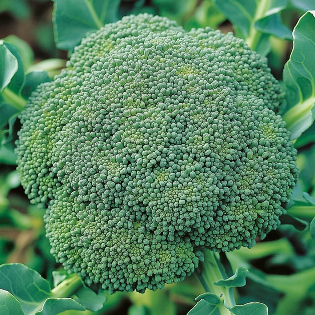 Nærbillede af frisk broccoli (Calabrese Natalino) dyrket fra økologiske frø, tæt grøn buket egnet til køkkenhave og høst juni–oktober