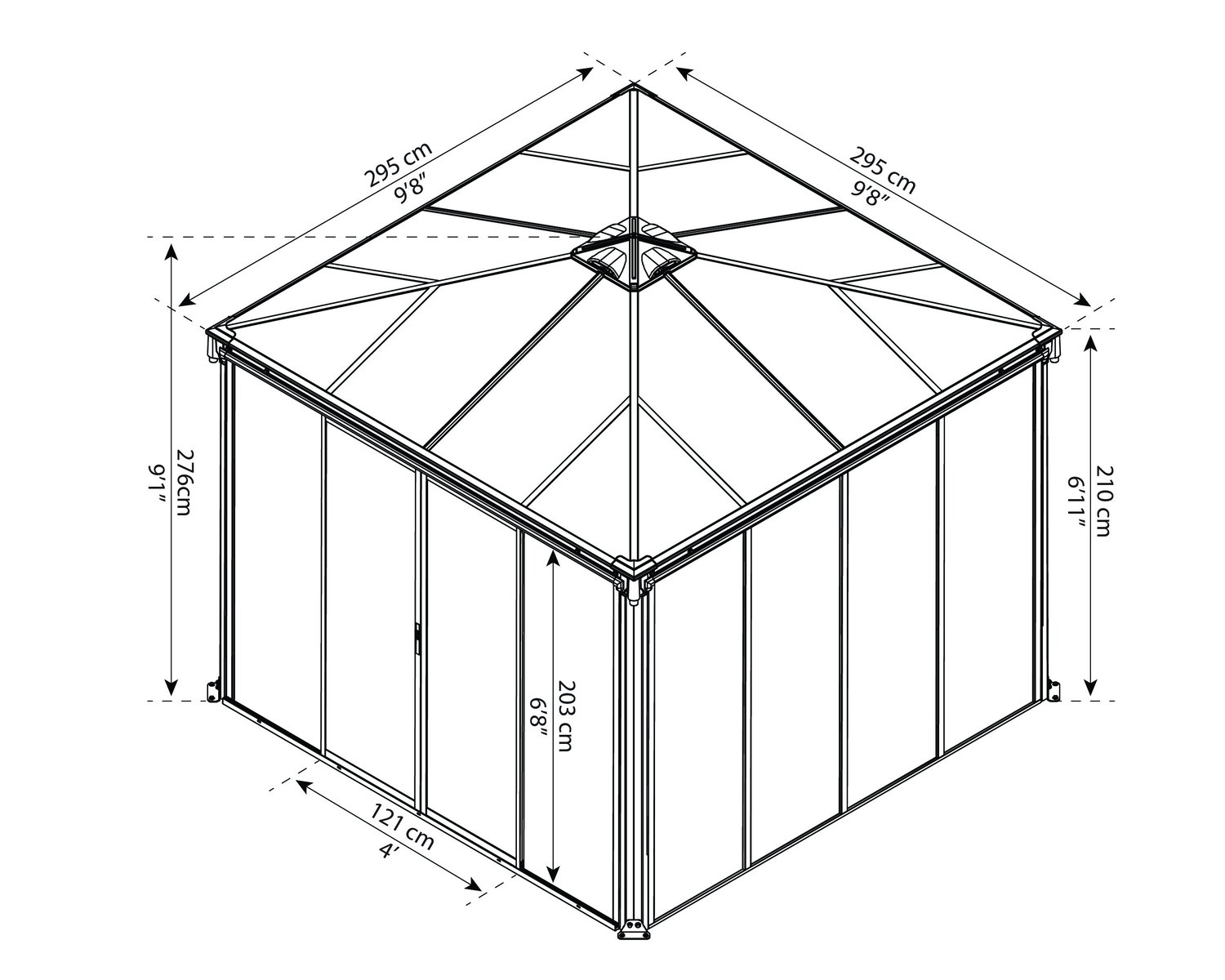 Tegning af pavillon 295x295 cm med mål i cm og tommer
