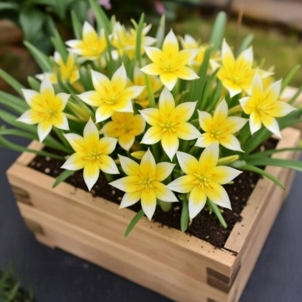 Vild dværgtulipan (Tulipa tarda) i trækrukke, 10 løg; mange gule stjerneformede blomster med hvide spidser, velegnet til plantekasser, krukker og lave bede