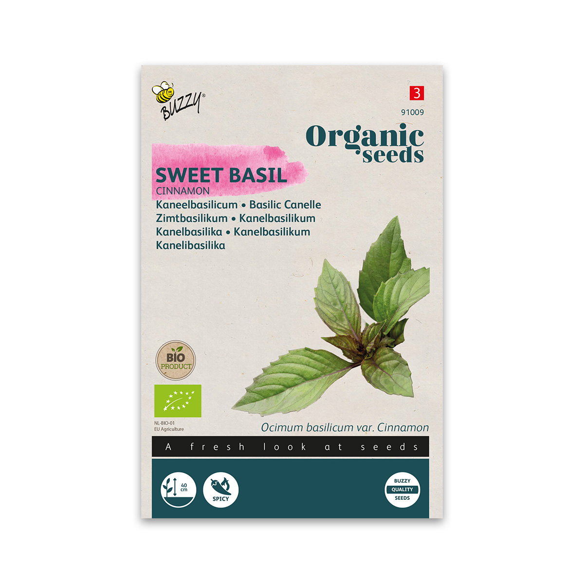 Økologisk kanelbasilikum frø - Buzzy Organic | Aromatisk sød basilikum til salater, te og krukker Frøpakke med økologisk kanelbasilikum fra Buzzy Organic – Sweet Basil Cinnamon emballage med billede af mørkegrønne blade og violette stængler, velegnet til salater, asiatiske retter, desserter, te og som pynteplante