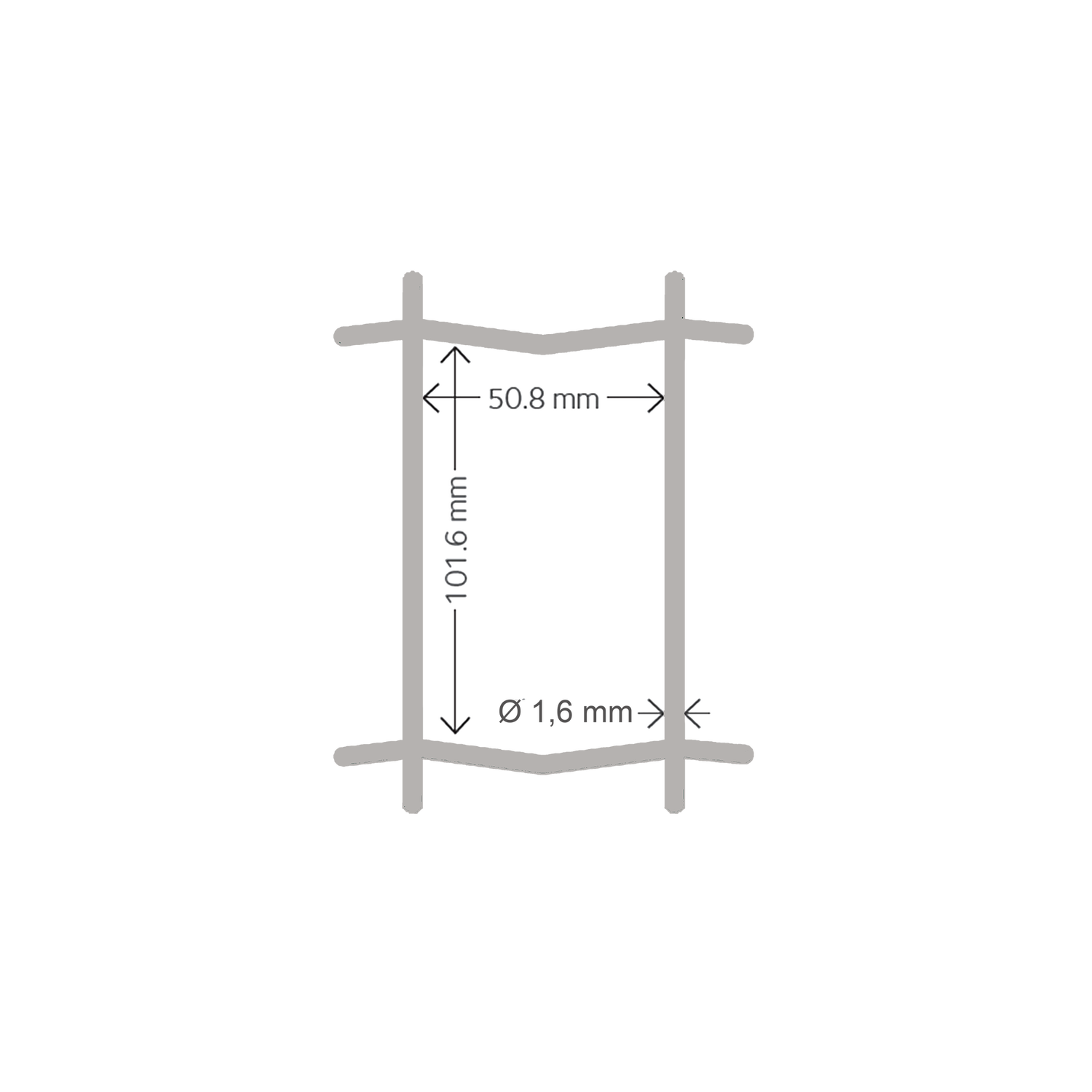 Diagram med mål for metalstativ, 50,8 x 101,6 mm, Ø1,6 mm