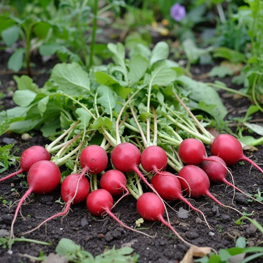 Nyhøstede runde røde radiser (Saxa 2) med grønne toppe lagt på jord. Økologisk radisefrø fra Buzzy Organic, nemme at dyrke og velegnede til salater, snacks og syltebrug.