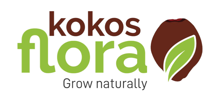 Kokos Flora logo – kokosnød med blad og teksten 'Grow naturally' Kokos flora logo med kokosnød og blad og tekst 'Grow naturally'