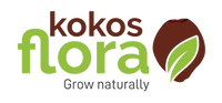 Kokos flora logo med kokosnød og blad og tekst 'Grow naturally'