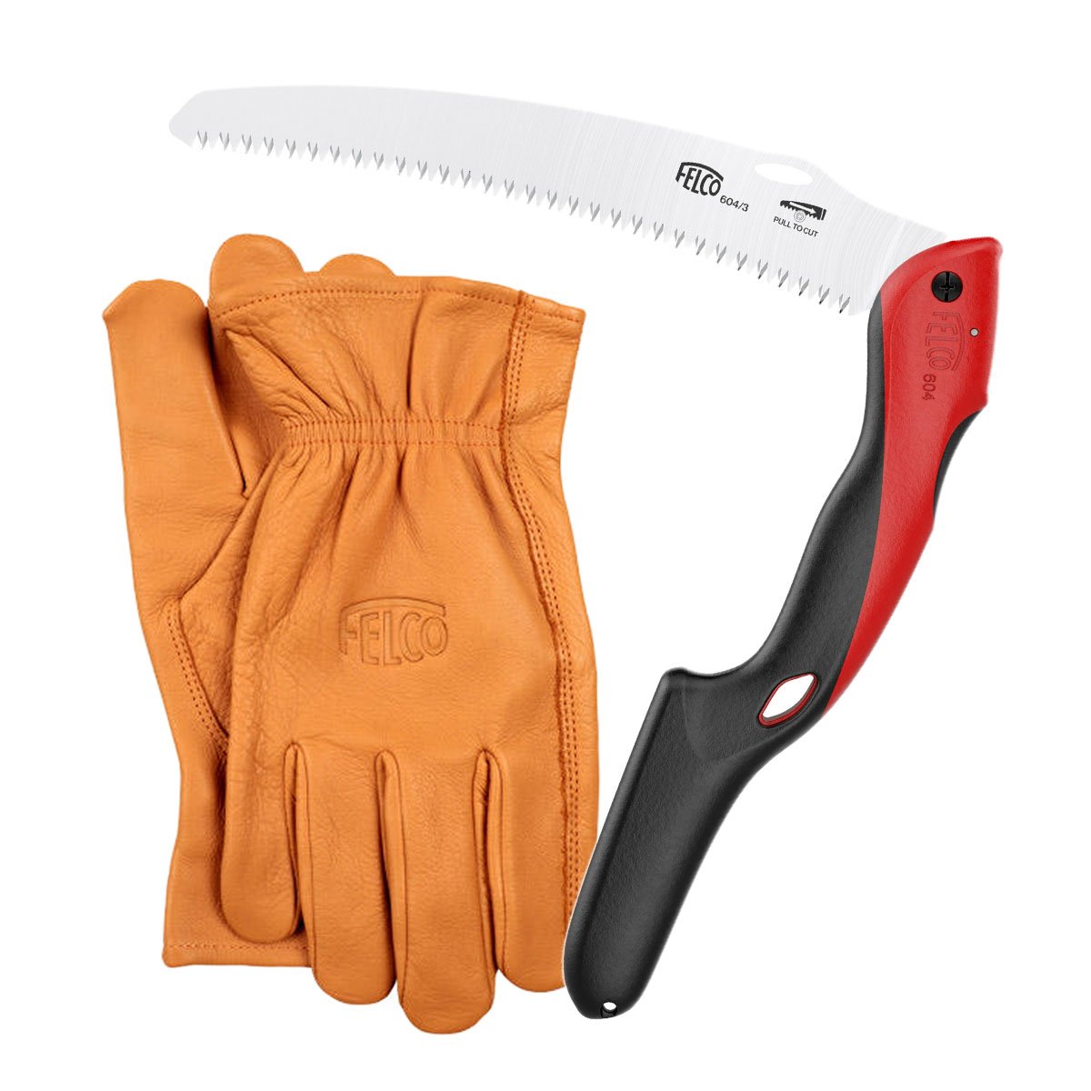 Felco beskæringssav med orange læderhandsker