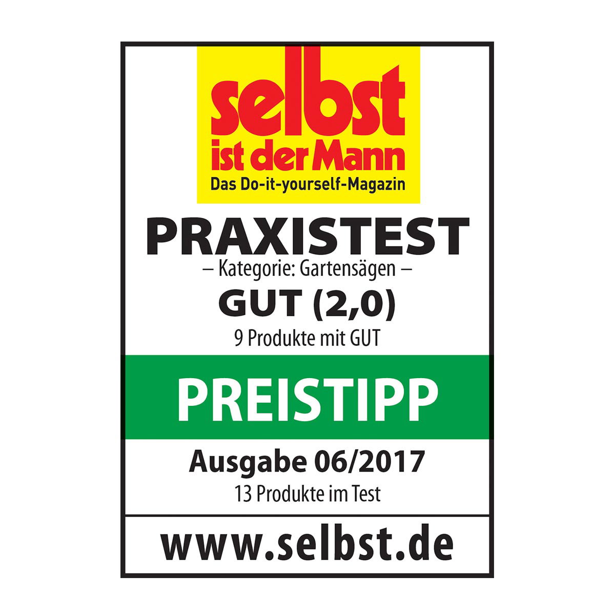 Produktbadge: Praxistest fra 'selbst' - GUT (2,0) og PREISTIPP (Ausgabe 06/2017) for Freund Beskæresav med hylster 30 cm