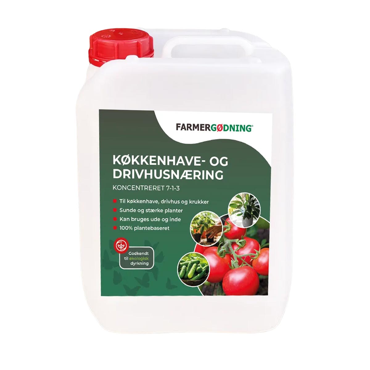 Farmergødning flydende køkkenhave- og drivhusnæring 7-1-3 i 2,5 liters hvid dunk med grøn etiket; 100% organisk, plantemateriale til drivhus, køkkenhave, krukker og potteplanter