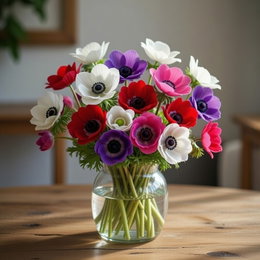 Anemone De Caen mix - 15 løg | Florex – farverige anemoner til bede, krukker og snit Buket af Anemone De Caen mix fra Florex i hvide, røde, pink og lilla nuancer i glasvase. 15 løg, ca. 30 cm høje, blomstrer maj–aug. Velegnet til bede, krukker og som snitblomster.