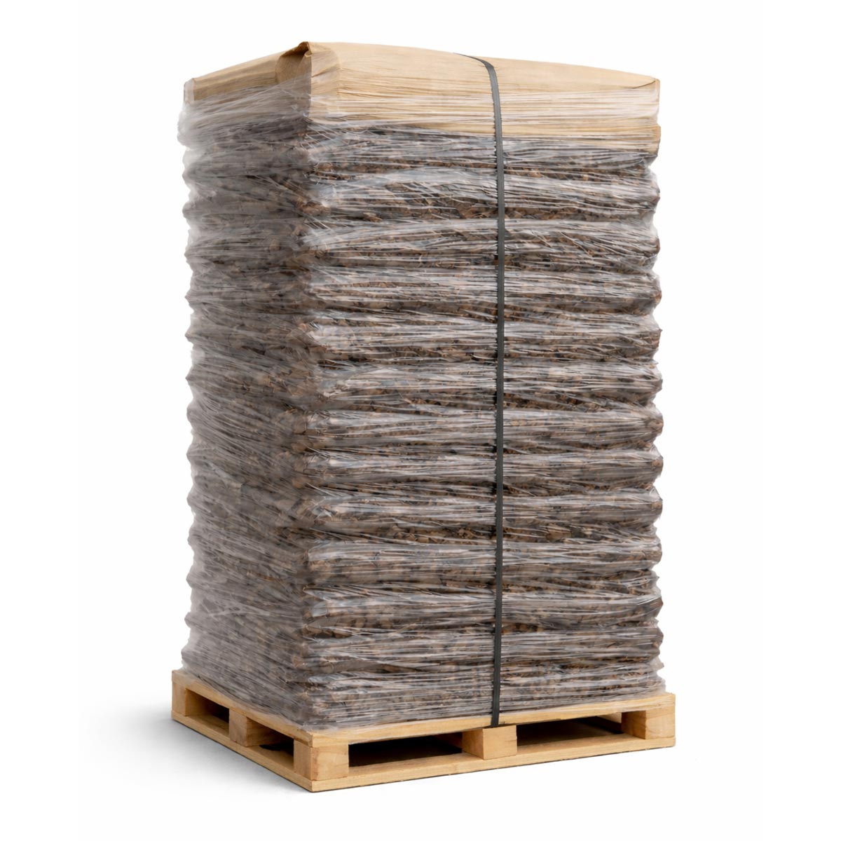 Pallevare med 50 L poser pinjebark 20–40 mm fra BMB, varmebehandlet naturbrun bark til havens bunddække, dekorativt, hæmmer ukrudt og bevarer fugt