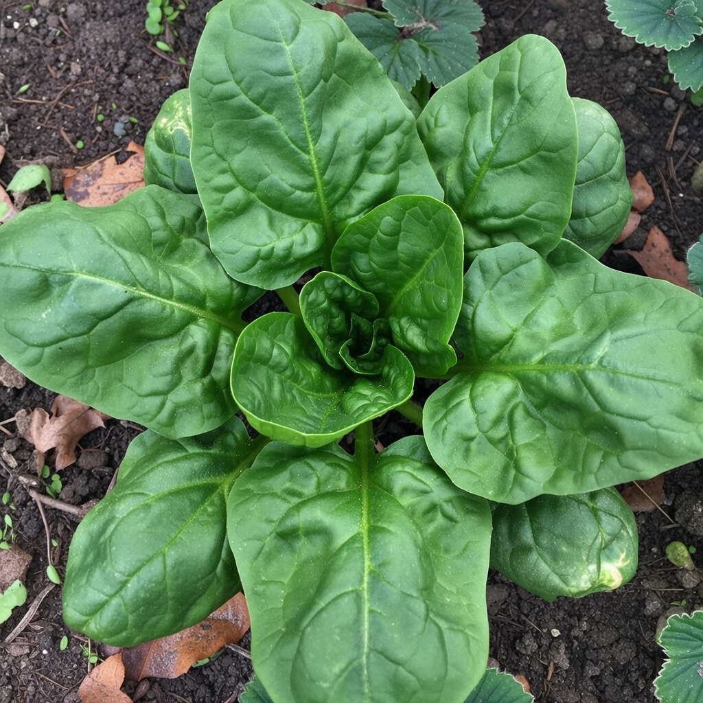 Nærbillede af Nores spinatplante med mellemstore mørkegrønne blade, mild frisk smag, velegnet til salater og grønne smoothies. Sorten går ikke nemt i blomst og kan høstes flere gange. Frø fra Horti Tops.