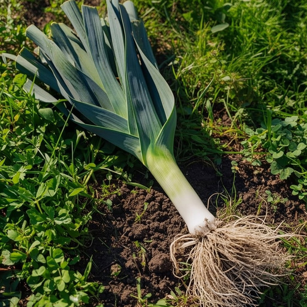 Nærbillede af uprooted vinterporre (Leek Herfstreuzen 2 Hannibal) med grønne blade og rødder i jord – økologisk porre, velegnet til suppe og gryderetter, såtid marts-maj