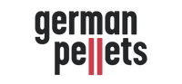 German Pellets logo med sort tekst og to røde lodrette streger Logo: teksten "german pellets" i sort med to røde lodrette streger midt i ordet
