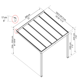Pergola 12x11 fod med justerbar højde Tegning af pergola med mål 368x341 cm og højde