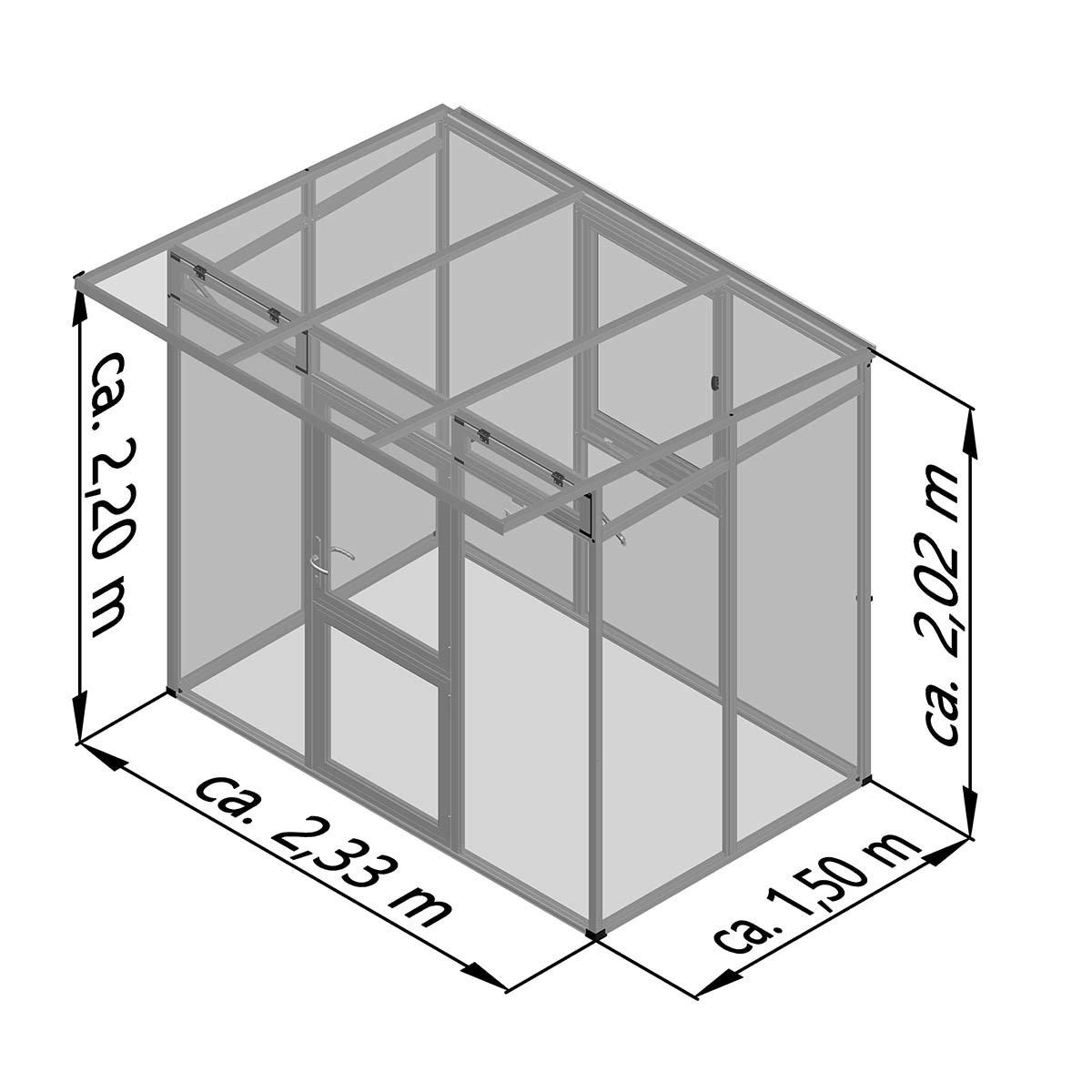 3D tegning af glashus 2,33 x 1,50 x 2,20 m