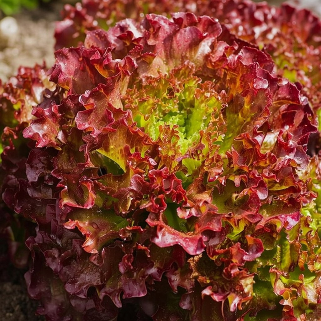 Lollo Rossa salat med bølgede røde og grønne blade, tæt på-billede af frisk salat til dyrkning fra Buzzy Organic økologiske salatfrø