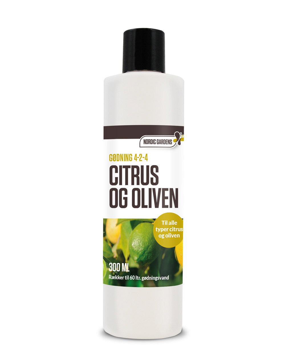 Flaske med Nordic Gardens citrus- og olivengødning 300 ml
