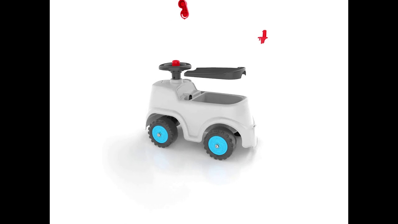 Billede af FALK ride-on brandbil til børn 1–3 år, hvid med blå hjul, drejbart styr, manuelt horn og opbevaringsrum under sædet; mulighed for personlig nummerplade