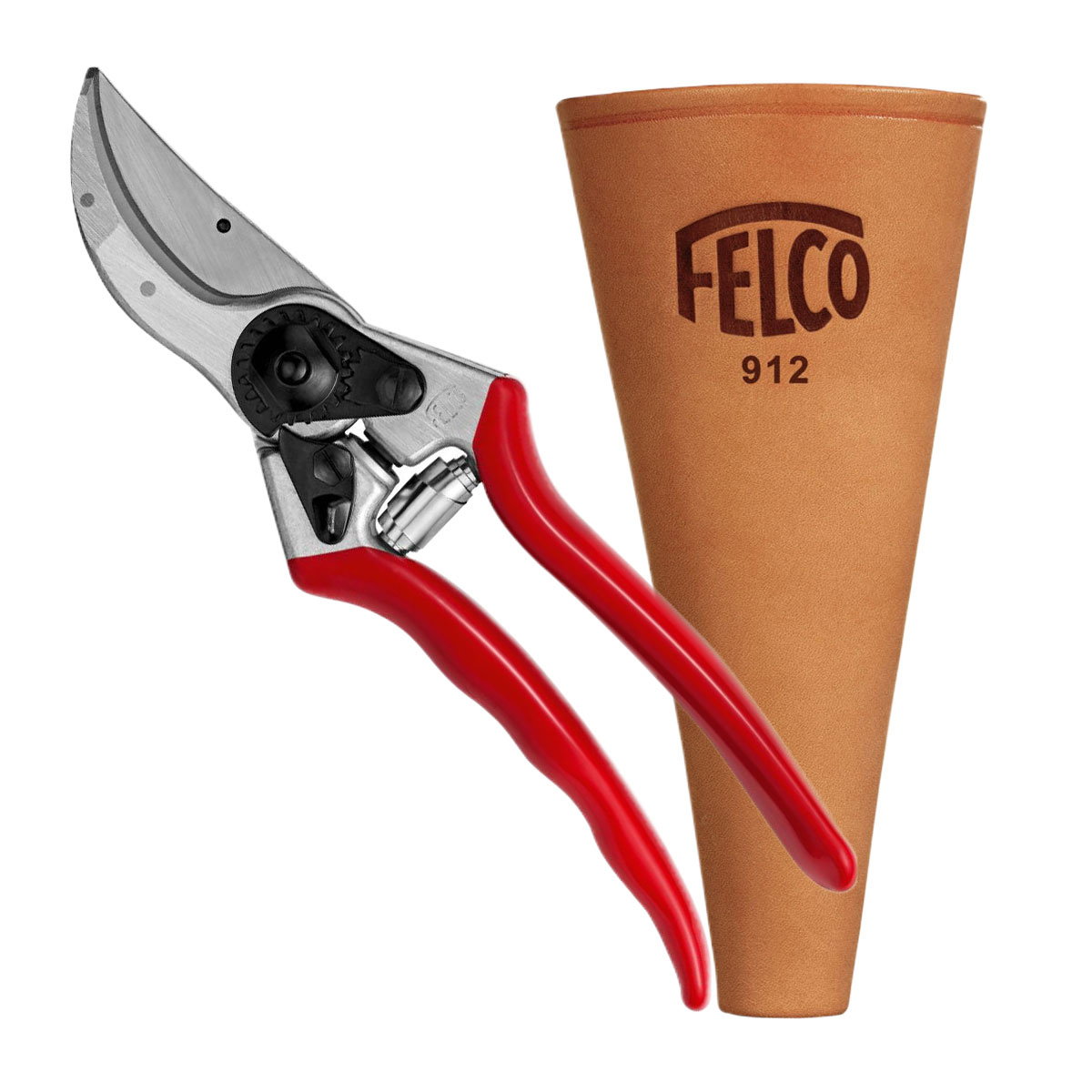 Felco beskæresaks med læderhylster Felco beskæresaks i metal med rødt greb og hylster