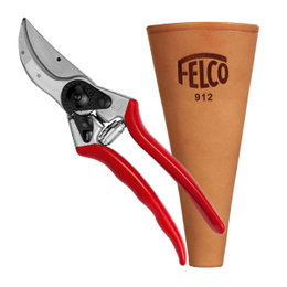 Felco beskæresaks i metal med rødt greb og hylster
