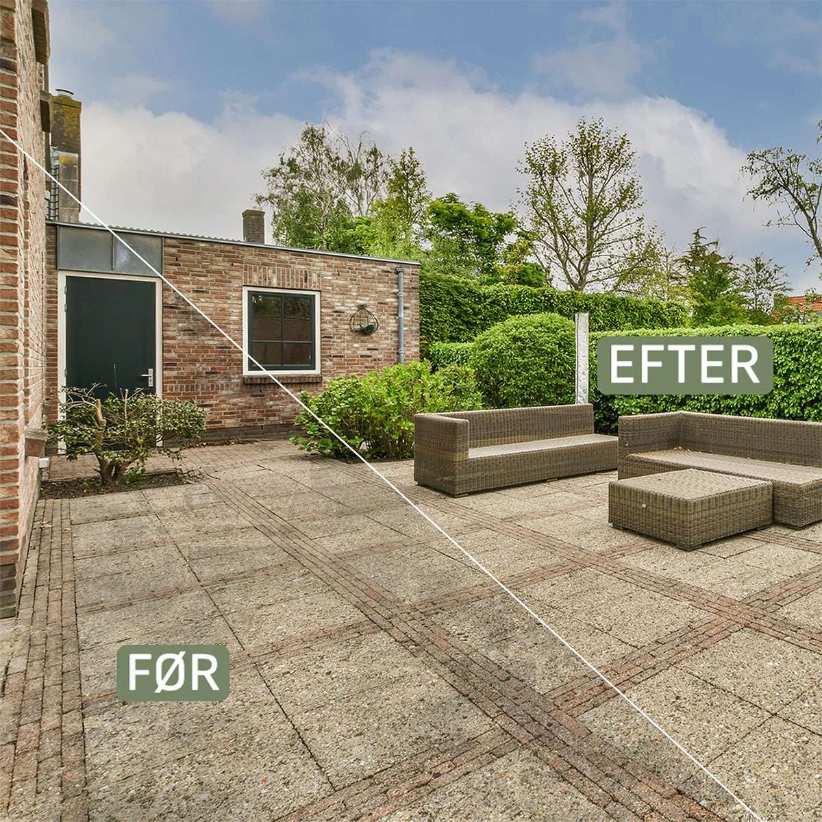 Terrasse før og efter effektiv fliserens Udendørs terrasse før og efter rengøring af fliser