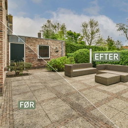 Terrasse før og efter effektiv fliserens Udendørs terrasse før og efter rengøring af fliser