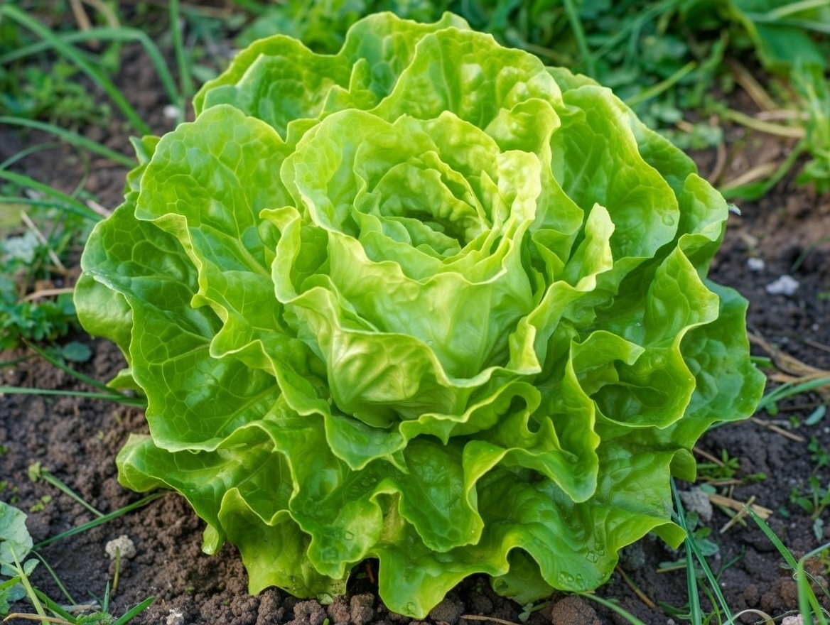 Billede af økologisk May Queen hovedsalat i køkkenhaven, grøn krøllet salathoved dyrket fra frø (Buzzy Organic) klar til høst