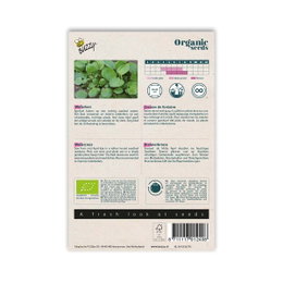 Økologiske vandkarsefrø fra Buzzy Seeds Bagside af pakke med økologiske vandkarsefrø