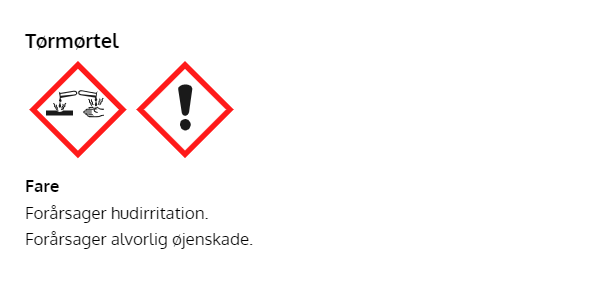 Tørmørtel med farepiktogrammer for hud og øjne