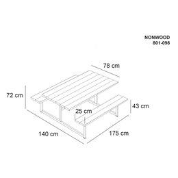 Nonwood havebord med bænk, 140x78x72 cm Tegning af nonwood picnicbord med bænk og mål