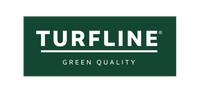 TURFLINE-logo – Green Quality på mørkegrøn baggrund TURFLINE-logo på mørkegrøn baggrund med hvid linje og teksten 'GREEN QUALITY'