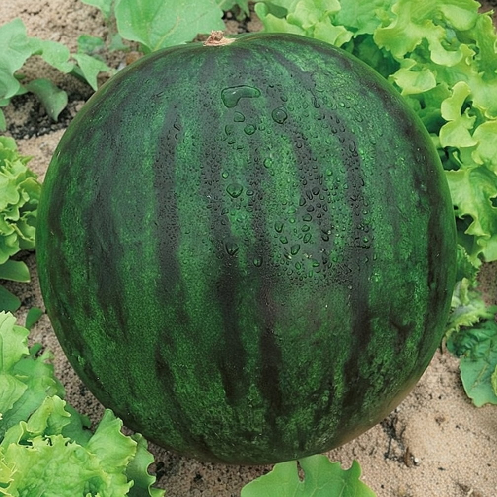 Vandmelon Sugar Baby på jord omgivet af blade, rund mørkegrøn skal med striber, ca. 1,8 kg, saftigt sødt rødligt frugtkød – frø til dyrkning fra Horti Tops